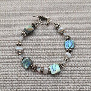 8 Inch Sterling Silver Square Abalone And Pearls Bracelet B757
